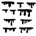 Black melt drips or liquid paint drops. Vector graffiti splatter splash or chocolate syrup and oil leak borders.doodle hand drawn Royalty Free Stock Photo