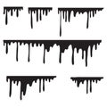 Black melt drips or liquid paint drops. Vector graffiti splatter splash or chocolate syrup and oil leak borders with hand made