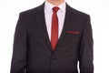 Black men`s suit and white shirt and red tie, close up Royalty Free Stock Photo