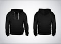 Black men`s sweatshirt template with sample text front and back view. Hoodie for branding or advertising