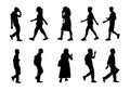 Black men and women on white background, Silhouette people walking vector set Royalty Free Stock Photo