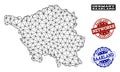 Polygonal Network Mesh Vector Map of Saarland State and Network Grunge Stamps