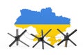 Black Metal Anti Tank Hedgehog Defence Barrage with with Barbed Wire in Front Of Ukrainian Map with Flag. 3d Rendering