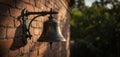 Black metal bell mounted on red brick wall. Smooth surface of bell reflects sunlight. Elegant silver latch at bottom. Rustic Royalty Free Stock Photo