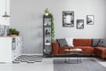 Metal bookshelf in grey Scandinavian living room interior with brown velvet sofa Royalty Free Stock Photo