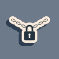 Black Metal chain and lock icon isolated on grey background. Padlock and steel chain. Long shadow style. Vector Royalty Free Stock Photo