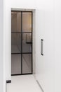 Black metal doors with a thin frame and glass against the background of a white cabinet and white walls