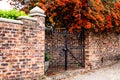 Black metal garden entrance gates set in brick fence with tree covered in orange flowers