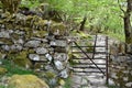 A metal gate through a stone wall and a rocky path into woodland Royalty Free Stock Photo