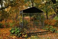 Black metal gazebo and yellowed trees in park