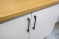black metal handles on white nightstand cabinets and drawers on kitchen