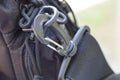 Black metal latch on a harness made of fabric Royalty Free Stock Photo
