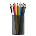 Black metal pencil cup filled with colorful used pencils, isolated on a white background. Realistic 3D vector illustration Royalty Free Stock Photo