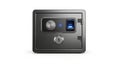 Black metal safe box with open door showing interior combination lock featuring blue light indicator and keyhole security Royalty Free Stock Photo