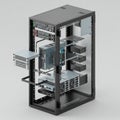 Black metal server rack housing various computer components, including server units, Royalty Free Stock Photo