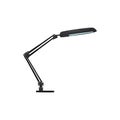 Black metal table lamp for office. Lighting device for workplace. Isolated flat vector icon