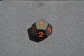 Black metallic d12 twelve sided dice on foam surface