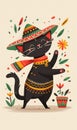 Black Mexican cat dancing at Cinco de Mayo party. Vertical banner 3:5