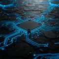 A black microchip is centered on a textured surface, with glowing blue circuit lines