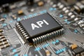 Black microchip with the letters api printed on it mounted on a complex circuit board representing software integration and Royalty Free Stock Photo