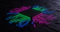 A black microchip sits on a dark circuit board with glowing neon lines extending