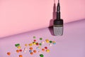 Black microphone with candies on bright and colorful background with copy space. Royalty Free Stock Photo