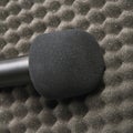 Black microphone with foam cover resting on acoustic foam panel for sound Royalty Free Stock Photo