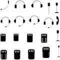 Black microphone, headphone, handset - set icons.