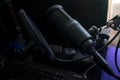 Black Microphone in home recording studio with pop shield on mic stand Royalty Free Stock Photo