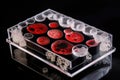 black microscope slide with red blood cells and white blood cells