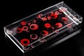 black microscope slide with red blood cells and white blood cells