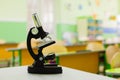 Black microscope on teachers table in empty classroom Royalty Free Stock Photo