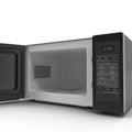 Black microwave oven with opened door on white. 3D illustration Royalty Free Stock Photo