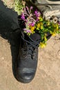 Black military boots with flowers. Concept - flowers instead of bullets and war. Ending the war in Ukraine. The surrender of the Royalty Free Stock Photo