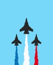 Black military fighters with colored trails on blue background. Jets show vector illustration