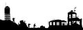 Black military silhouettes. Soldiers assault house with terrorists. Scene of broken city. War panorama Royalty Free Stock Photo