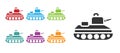 Black Military tank icon isolated on white background. Set icons colorful. Vector Royalty Free Stock Photo