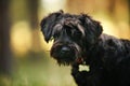 Black miniature schnauzer puppy standing outdoors Royalty Free Stock Photo