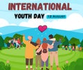 Colorful Minimalist illustrator International Youth Day with cartoonist humans together in the garden. Artistic image