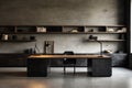 Black minimalist workplace room, bookshelf, wooden and gray concrete walls, and black furniture