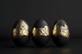 Black minimalistic Easter eggs with gold patterns, black background, row, Easter