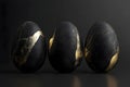 Black minimalistic Easter eggs with gold patterns, black background, row, Easter