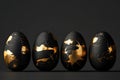 Black minimalistic Easter eggs with gold patterns, black background, row, Easter