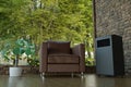 Black mobile air conditioner in a room with a large window 3d