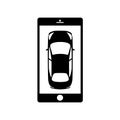 Black mobile app, night rent a car icon. Online rental service. Car on screen, menu search geolocation mark. Vector illustration
