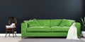 Black mock up wall with luxury shamrock green sofa in modern interior background, living room, Scandinavian style