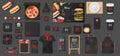 Black Mockup for pizzeria, cafe, fast food restaurant. Branding mock up set of pizza, street menu, burger, hot dog