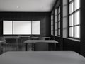 Black modern classroom interior with table in row and chalkboard mockup Royalty Free Stock Photo