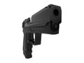 Black modern compact tactical hand gun - barrel closeup shot