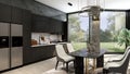 Black modern contemporary stylish kitchen room interior with luxury dining table and large window, 3d rendering